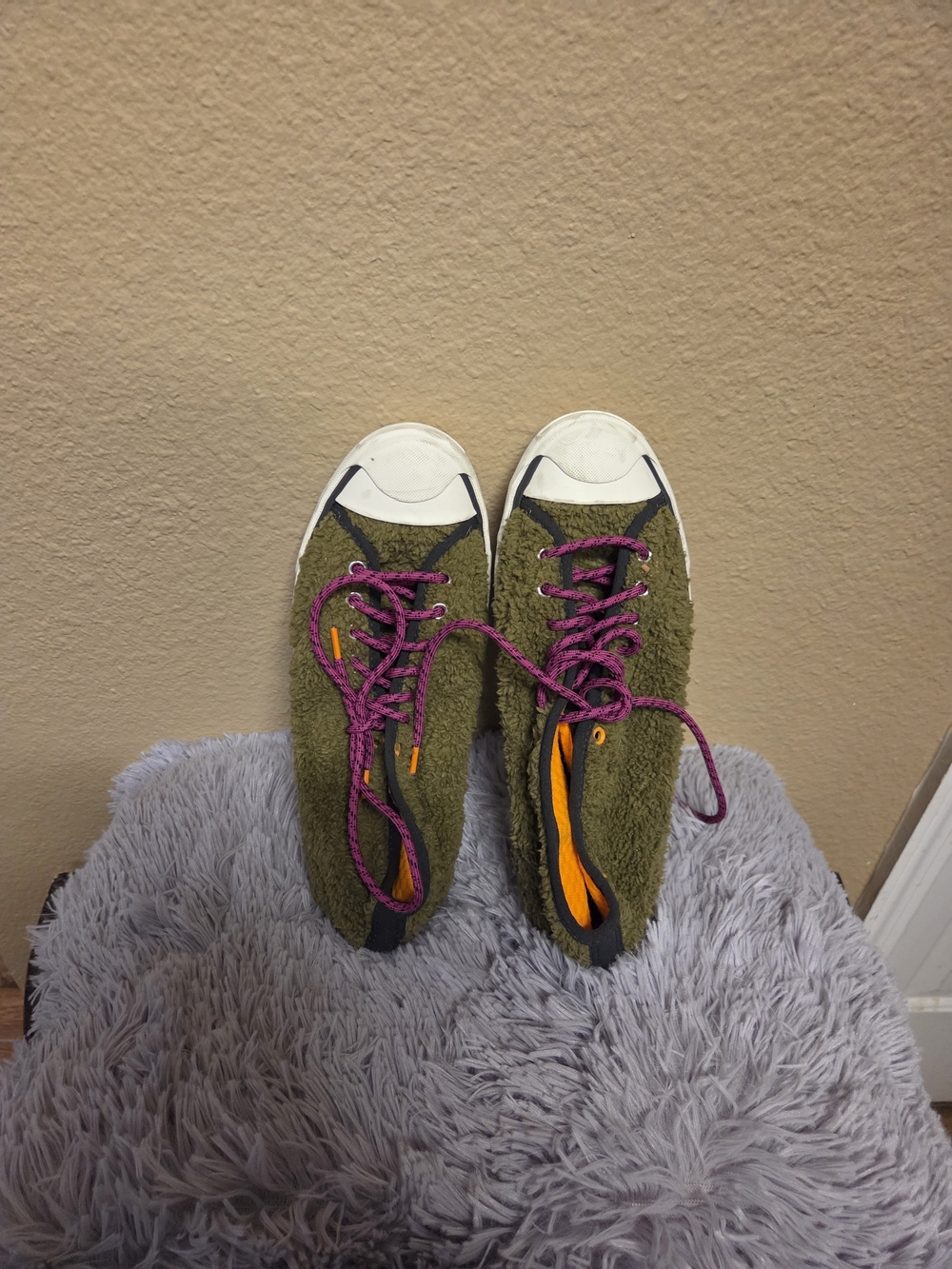 Converse Olive Green Sherpa Sneakers with Pink Laces
